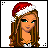 A 3x3 pixel art contact sheet of a female character in Santa attire with varying poses and expressions, including full-body views, close-ups, and text frames.