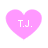 Four identical pink heart-shaped icons with white text "T.J." centered on each, arranged in a against a plain background
