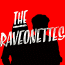 Red background with black silhouettes of two people; white text reads "THE RAVEONETTES" and "Whip It On" in stylized fonts.