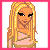 Pixel art of a female character with long blonde hair, wearing a gold top and black skirt with white text, standing against a pink border.