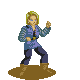 Pixel art character in blue tunic and brown boots performing sequential combat poses on brown circular base against gray background.