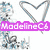 Pixelated cartoon character with black hair, purple bow, and blue 'is' text over mouth; heart symbol above pink 'ModelineC6' banner.