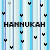 Static image with repeated 'HANNUKAH' text over blue and white striped background, scattered black Y-shaped symbols.