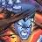 Pixelated blue and white figure with dark accents against a brown and orange background, featuring a stylized head and body shape.