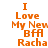 Orange pixelated text on white background reads "I Love My New Bfa Racha" with slight variations between