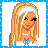 Pixelated cartoon icon of a blonde woman with headband and blue outfit next to text 'beautiful in blue' on gradient background.
