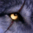 A pixelated image of a wolf's eye with glowing yellow pupils, accompanied by blue text on black background reading "an unhappy wolf sings alone" and "i wish that i could sing along instead my tears flow for the wolf and i".