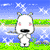 Pixelated cartoon character with white fur, pink cheeks, and black mouth stands on green grass by blue water under blue sky with white stars.