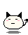 A 4-frame pixel art contact sheet showing a white cat-like character with black ears and tail, pink cheeks, and a neutral expression across all frames except one frame where it has a yellow question mark above its head.