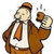 Pixelated figure in brown suit and orange tie holding a round object with a white surface and dark center.