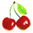 Pixelated cherry icon with green leaves on white background, paired with red containing text and heart symbols