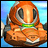 Pixelated orange character with large eyes and green collar floats against blue background, next to black with white text