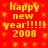 Red background with yellow pixelated text reading 'happy new year!!!!! 2008' in four identical quadrants, each containing the same repeated message.