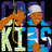 Pixelated image of two figures with orange hair, one holding a microphone and the other wearing a white cap, set against purple and blue background elements.