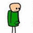 Pixelated character with light skin, brown hair, and a single visible eye wearing a green shirt and gray pants against a white background.