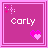 Pixelated icon with magenta background, white text 'Carly', pink heart symbol, and scattered pixel dots in top-left corner.