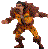 Pixelated figure in dynamic pose with outstretched arms, wearing multicolored patterned clothing against solid gray background.