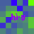 Pixelated of blue and green squares with four instances of purple text reading 'hi-y' positioned across the image