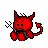 Red pixelated devil with horns, tail, and pink collar holding a black-and-white checkered object against gray background.