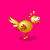 Animated golden chicken with red comb and orange beak on bright pink background, showing walking cycle with wing and leg movements.