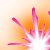 Pixelated pink and white starburst with orange gradient background, featuring multiple radiating spikes of varying lengths.
