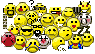 Pixelated yellow smiley faces in various expressions and accessories, including sunglasses, a question mark, and a red mouth, arranged in a dense cluster on a gray background.