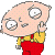 Pixelated cartoon character with large round eyes, pink skin, yellow shirt, red pants, and a small mouth in neutral expression.