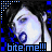 identical animated frames showing a stylized character with dark hair and blue eyes, each frame overlaid with 'bite me!!!' text in blue pixelated font
