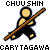 Pixelated character in black and yellow attire holding a long brown staff, with 'CHUU SHIN' text above and 'CARY TAGAWA' text below on a gray background.