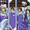 Animated sequence showing two figures in bed under purple covers with a 'SLEEP' label, one figure's head moves from left to right across frames.