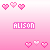 Pixelated pink gradient background with four heart icons and 'ALISON' text in a rectangular box.