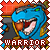 Blue dragon head with open mouth showing teeth and tongue, wearing dark helmet with gold trim, red background patterned like brick wall, text "WARRIOR" below.