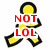 Yellow stick figure with black outline in walking pose, overlaid text changes across frames: red "NOT LOL", blue "Correction:", green "LOLL".
