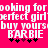 Pixelated text on bright pink background reads 'looking for perfect girl buy yours BARBIE' with star symbols below.