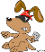 Brown cartoon dog with red bandana and black mask, holding white smoke ring in right paw across multiple poses.