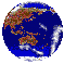 Animated sequence of Earth globe views showing cloud movement across blue oceans and brown landmasses with white cloud patterns.