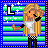 Pixel art of a blonde character with long hair, white crop top, black sleeves, and checkered pants against striped background with star patterns.