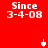 Red background with white pixelated text reading "Since 3-4-08" in four corners and two small white cursor icons moving vertically.
