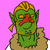 Green-skinned character with orange hair and pointed ears, wearing brown shoulder pads over white clothing against a pink background.