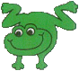 Two green cartoon frogs with large eyes and smiles, one in a dynamic pose with arms raised, the other sitting upright.