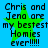 Blue background with four identical pixelated text blocks reading "Chris and Jena are my bestest Homies ever!!!!!" each overlaid by a green star.