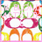 Animated pattern of repeating colorful shapes including green arcs, red ovals, orange arches, and yellow elements on white background with pink border.