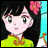 Pixelated anime-style character with black hair and pink flower accessory, wearing green top with orange collar, against cyan and black background with text.