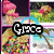 Pixelated anime-style character with pink hair and colorful outfit appears in top-left , then shifts to a stone-like figure in a landscape, then to a wave with text overlay