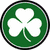 Green circular icon with white shamrock, black border; Irish flag below with green-white-orange vertical stripes and 'IRELAND' text.