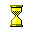 Yellow hourglass with brown accents on gray background, showing sequential sand flow states and three distinct tilted orientations.