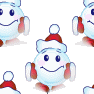 Pixelated cartoon character with blue face, red Santa hat, and pink cheeks, smiling with closed eyes, surrounded by scattered red and white objects on gray background.