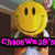 Yellow smiley face with black eyes and mouth, wearing white sleeves and brown vest, with pink and purple text below.