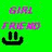 Green background with pixelated pink text and black smiley face icons; one icon shows a small musical note.