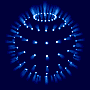 Blue circular icon with radiating light beams and central dots on dark blue background, animated sequence showing subtle beam variations.